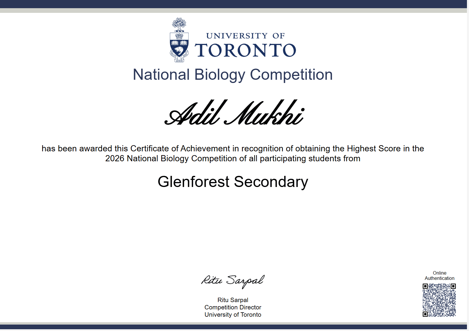 Certificate of Achievement — National Biology Competition (Glenforest Secondary)