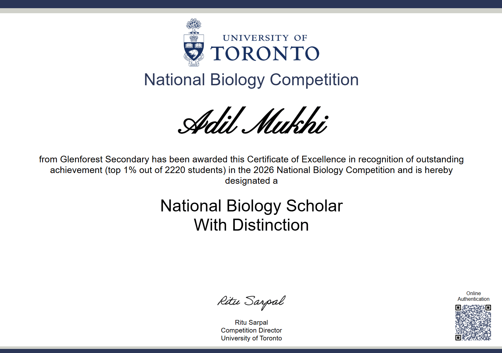 National Biology Scholar with Distinction