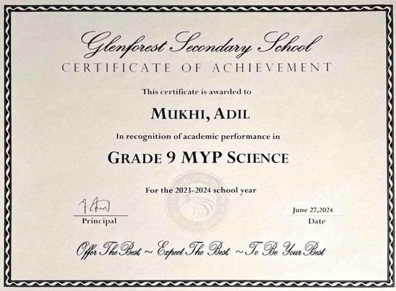 Honors, Academic Distinction (Science, IB Design, Gym)