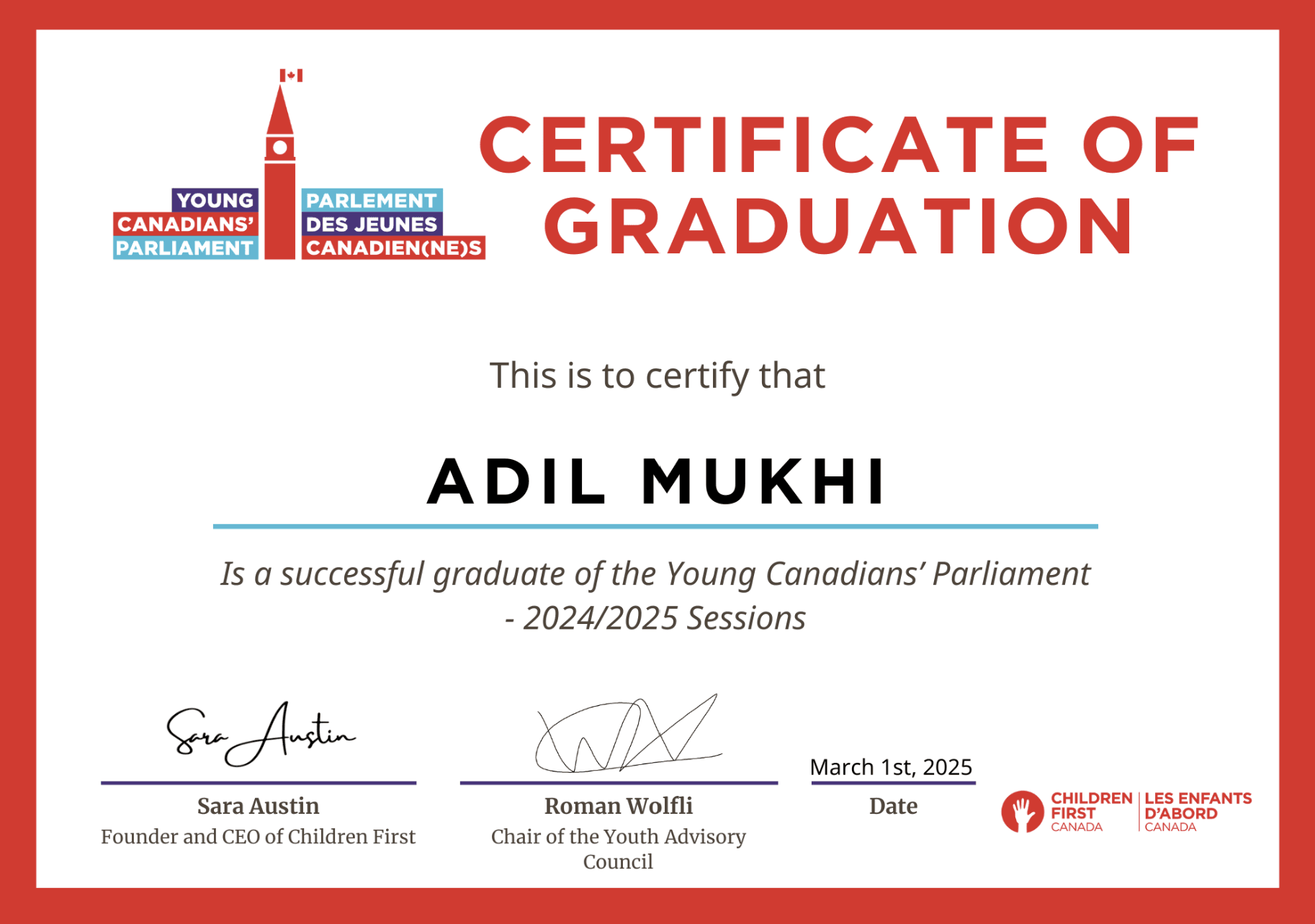 Young Canadians Parliament Certificate