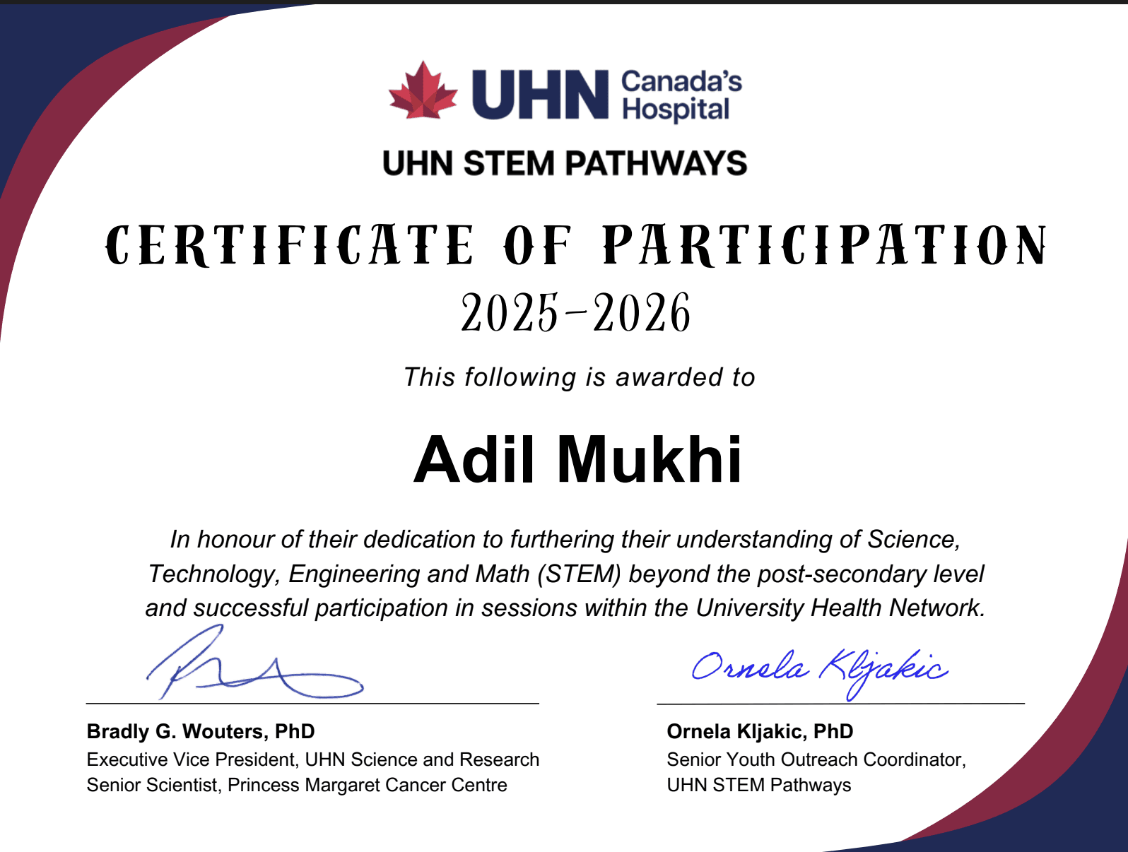 2026 Certificate of Participation - UHN STEM Pathways