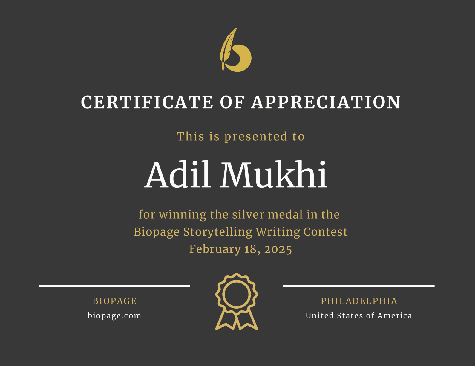 Certificate of Appreciation - Biopage Silver Medal