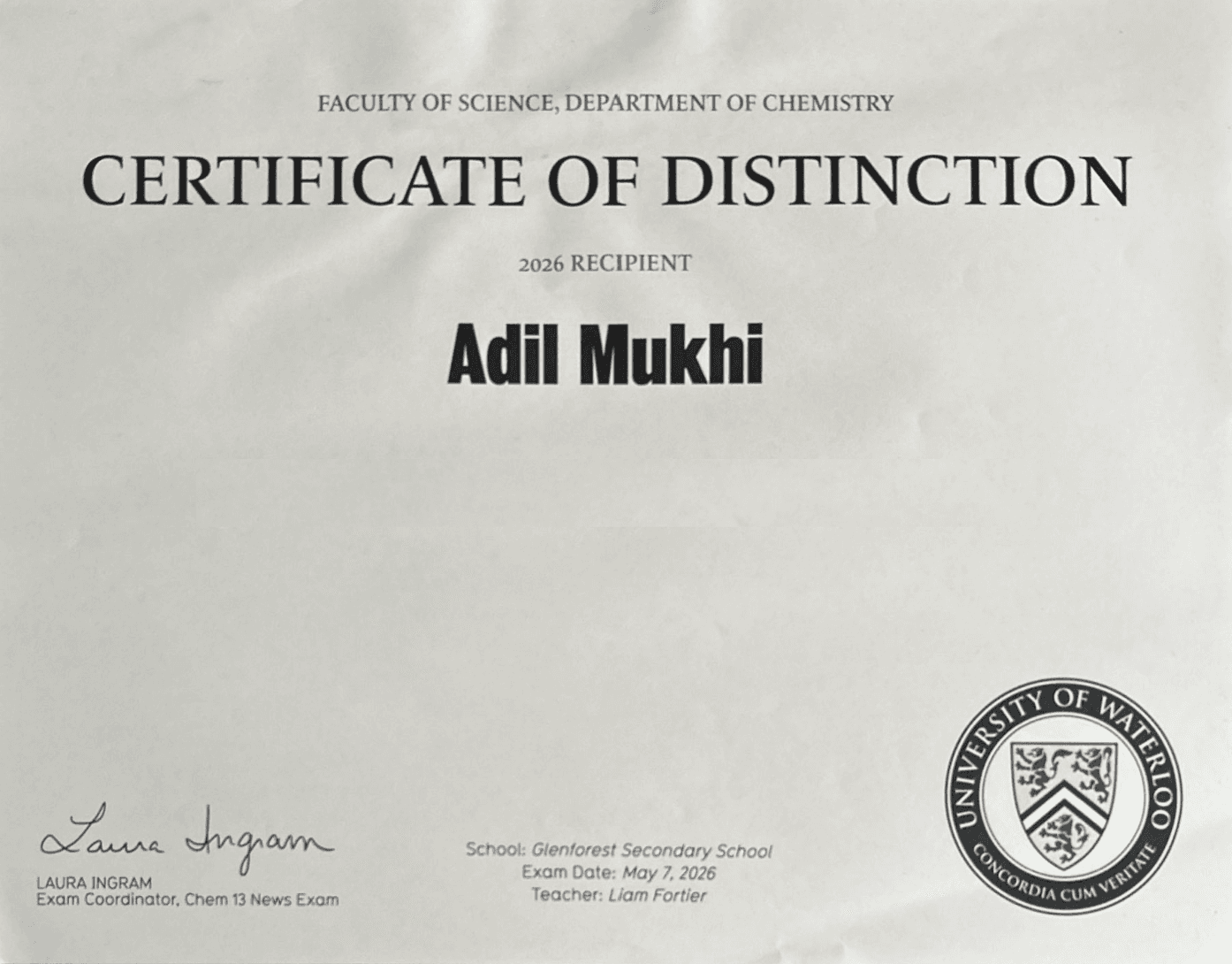 Certificate of Distinction – Chem 13 News Exam