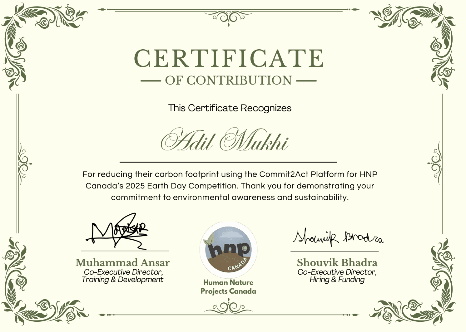 Certificate of Contribution - Earth Day Competition
