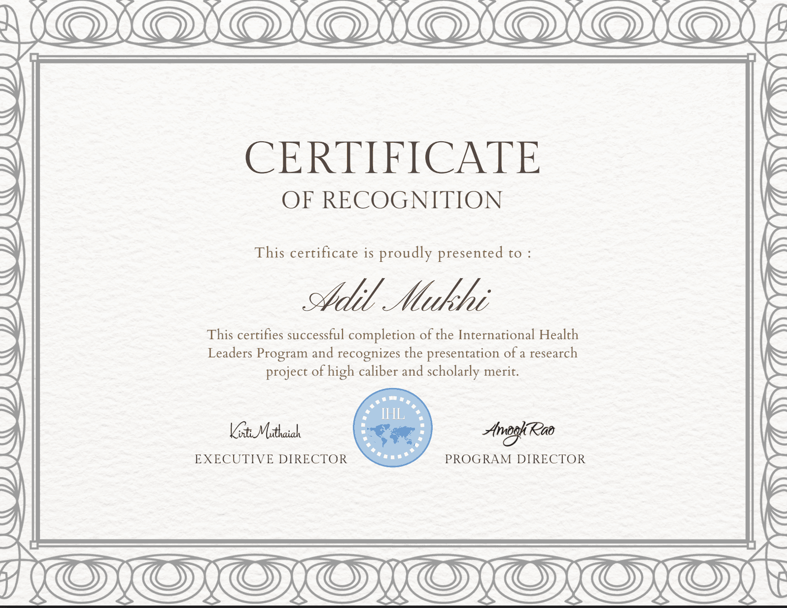 Certificate of Recognition - International Health Leaders Program