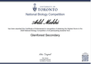 Certificate of Achievement — National Biology Competition (Glenforest Secondary)