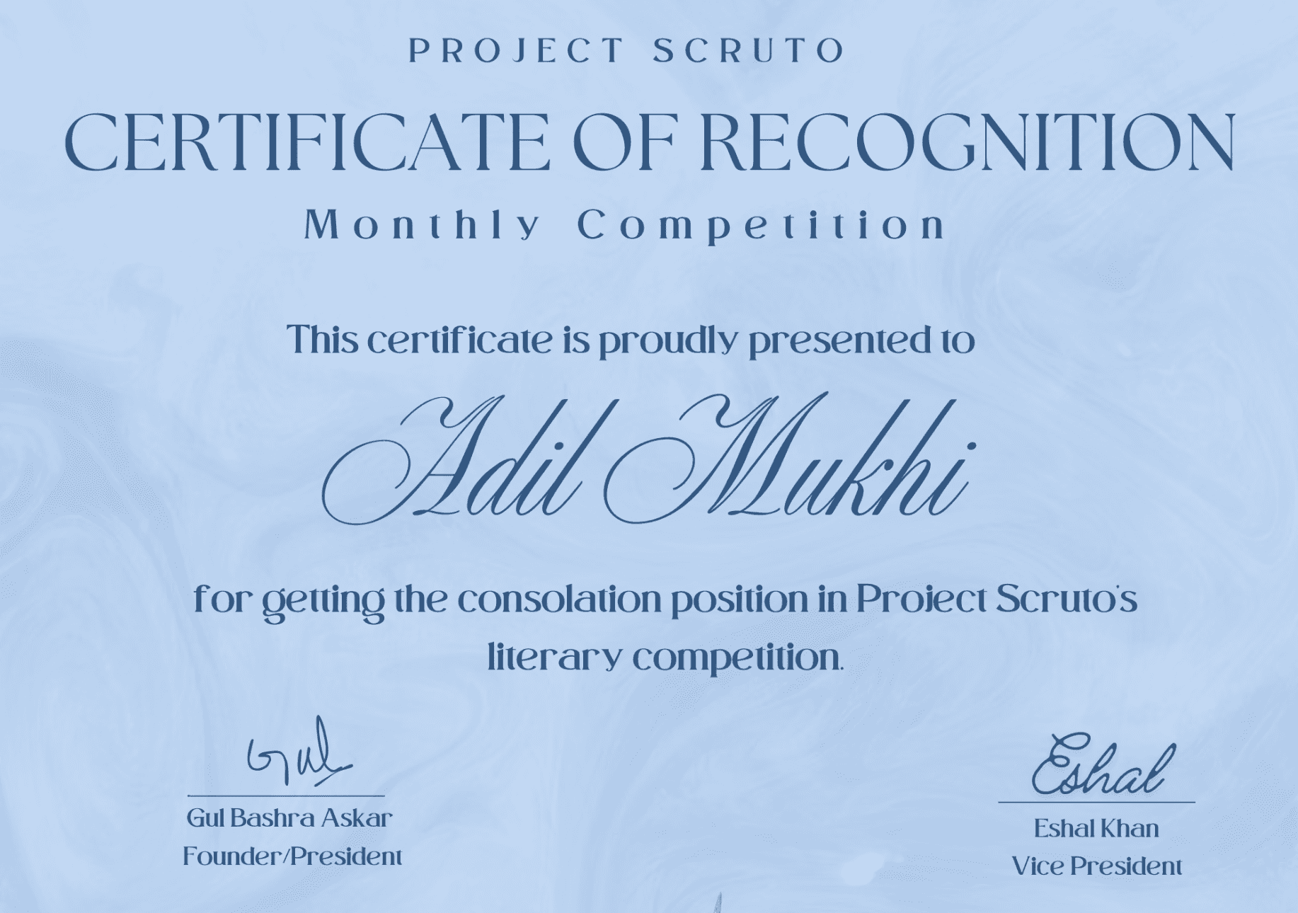 Certificate of Recognition - Literary Competition Consolation