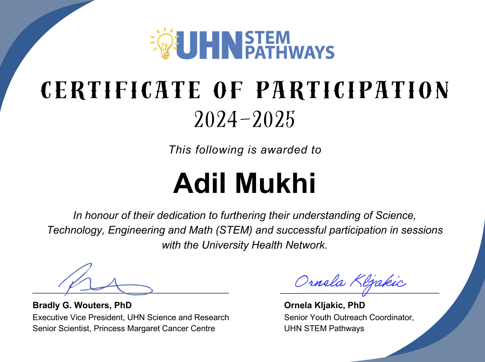 2025 Certificate of Participation - UHN STEM Pathways