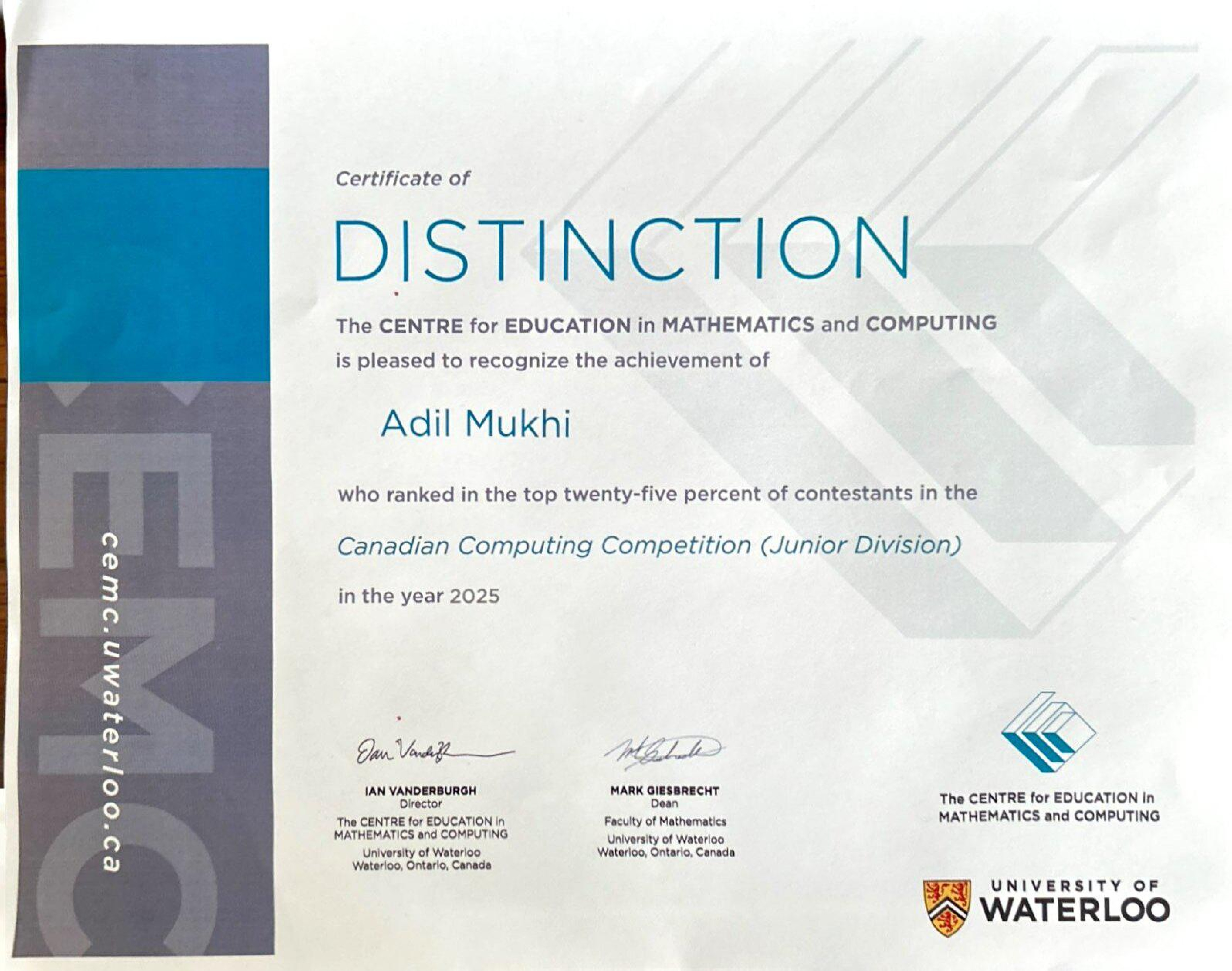 Distinction – Canadian Computing Competition (Junior Division)
