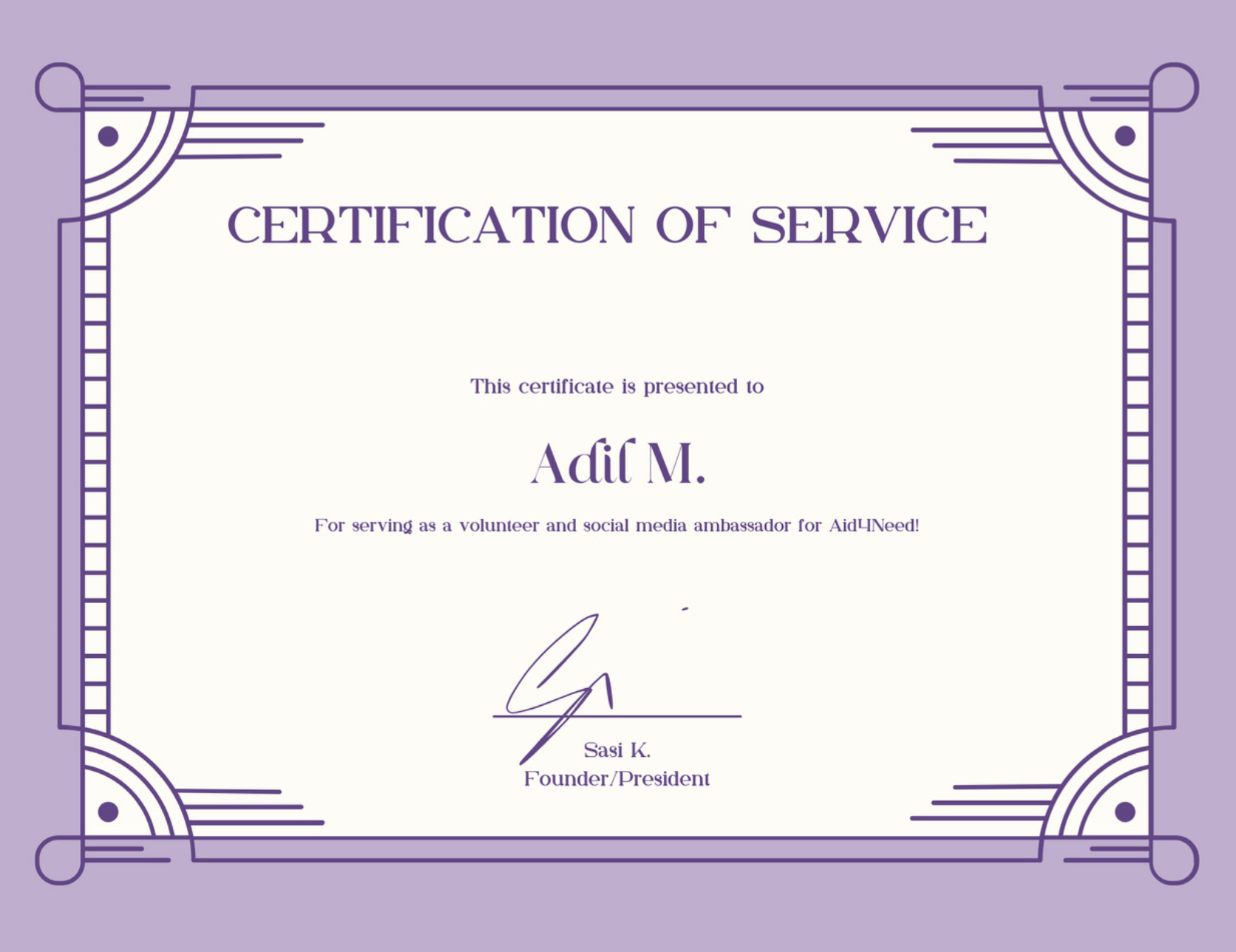Certification of Service - Aid4Need Volunteer