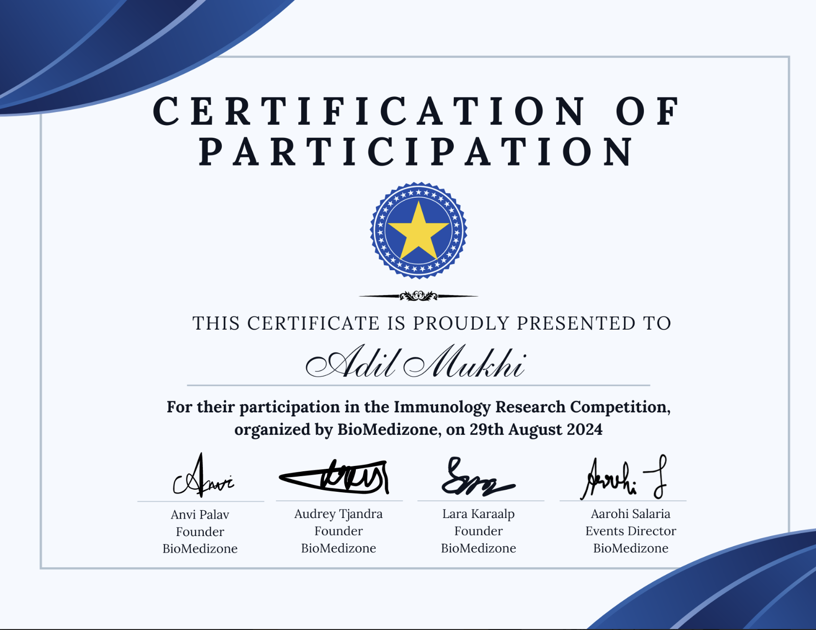Certificate of Participation - Immunology Research Competition