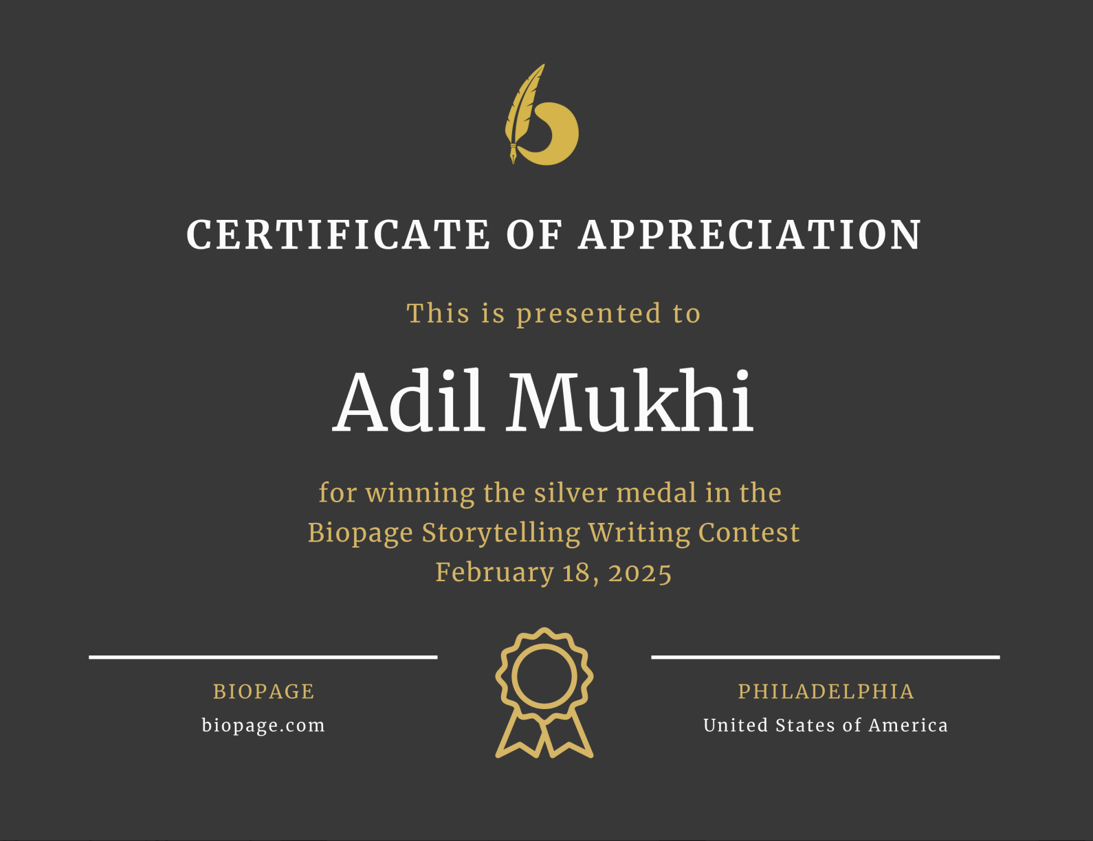 Certificate of Appreciation - Biopage Silver Medal