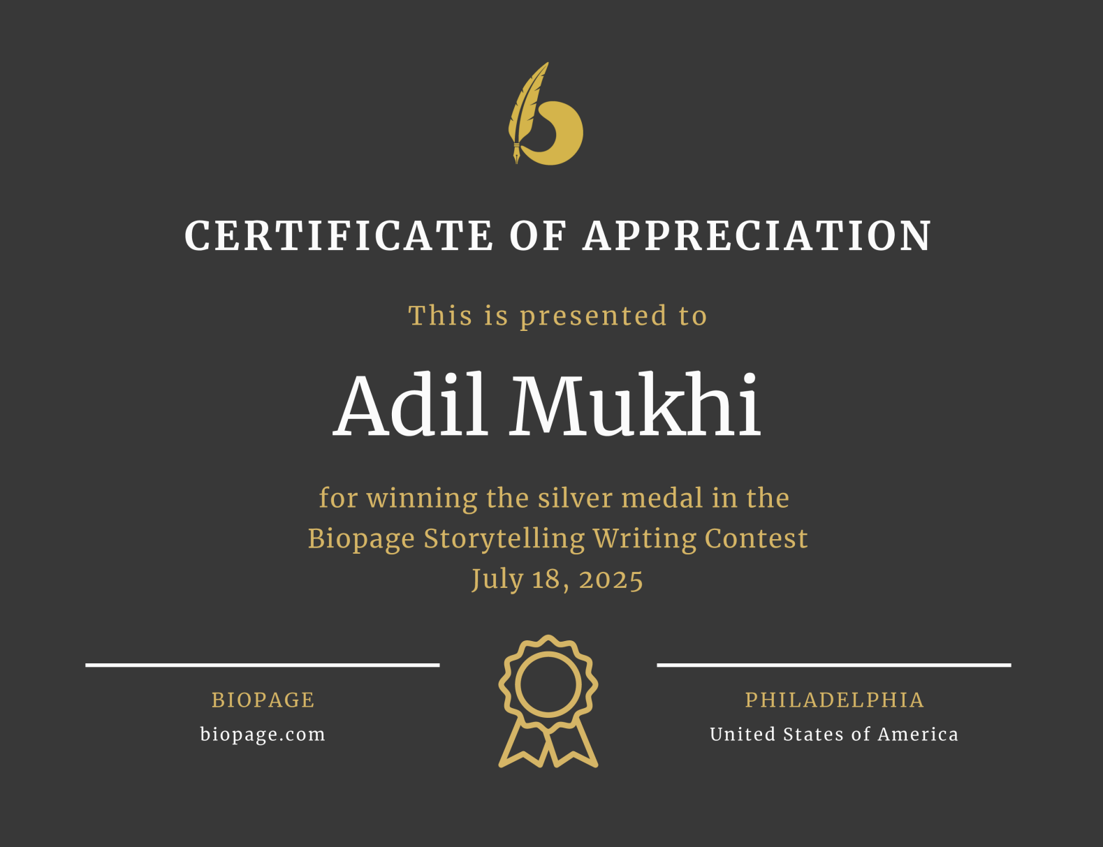 Certificate of Appreciation - Silver Medal