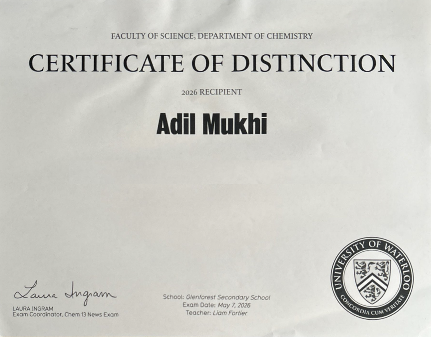 Certificate of Distinction – Chem 13 News Exam