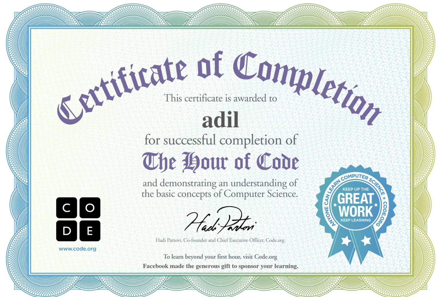 Certificate of Completion - Hour of Code