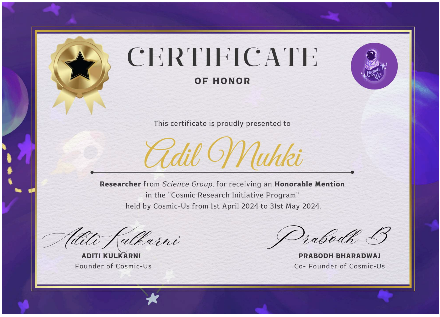 Certificate of Honor - Cosmic Research Initiative