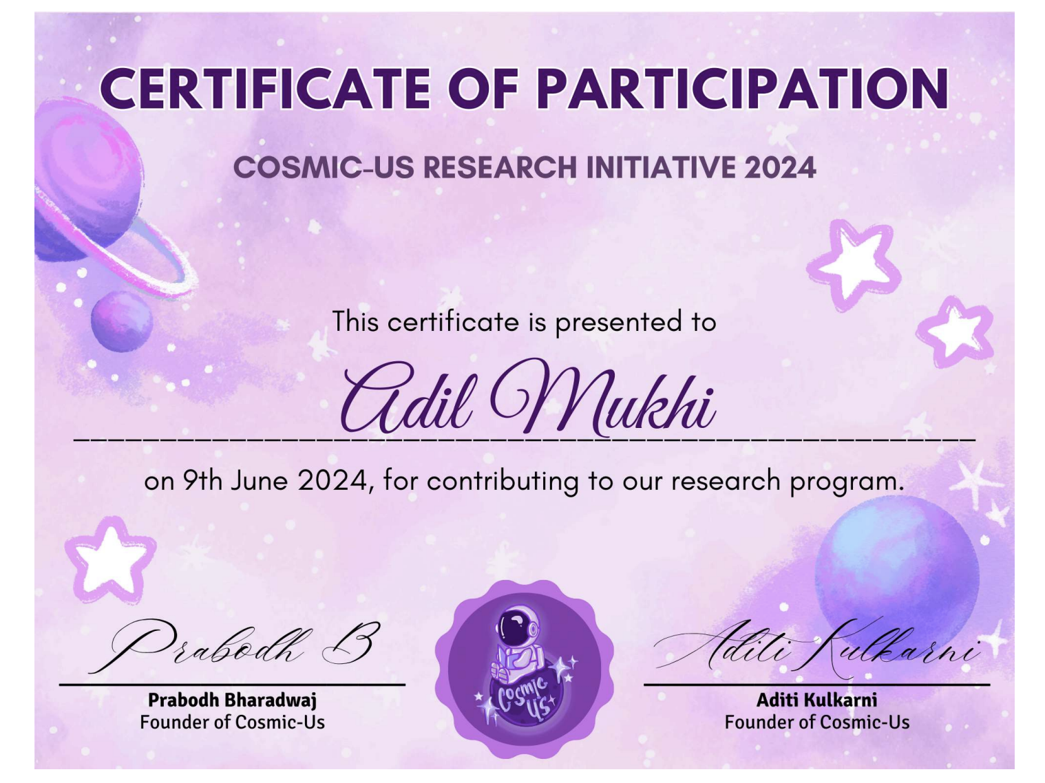 Certificate of Participation - Cosmic-US Research Initiative