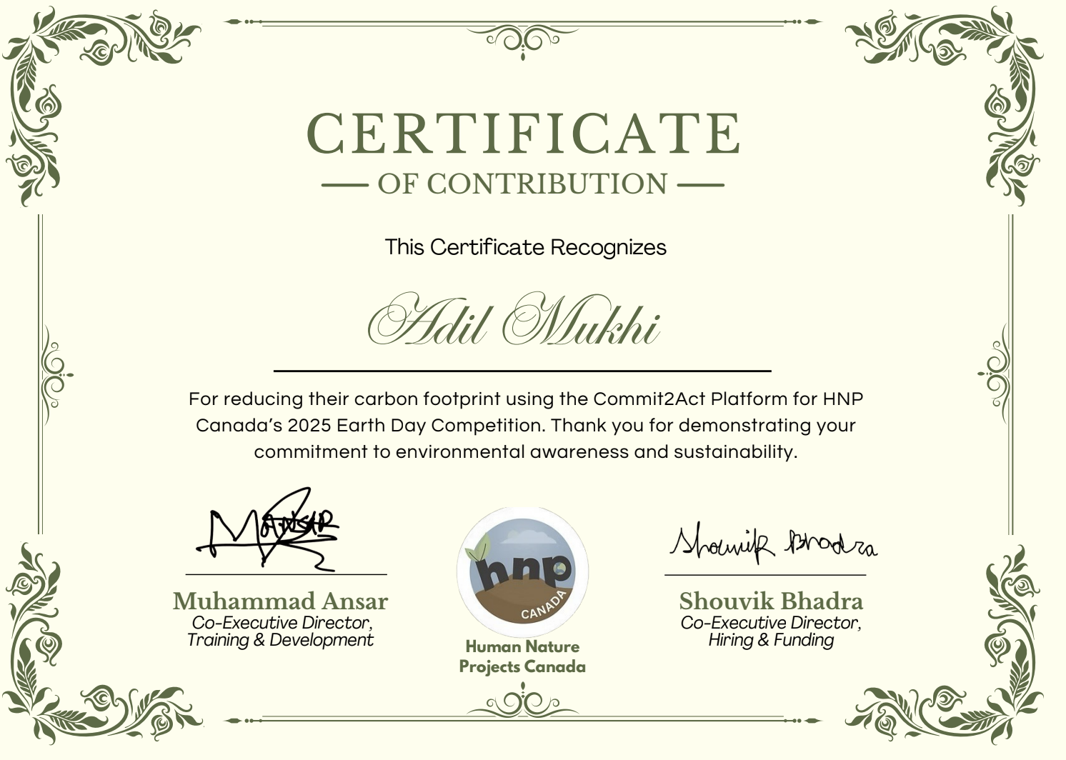 Certificate of Contribution - Earth Day Competition