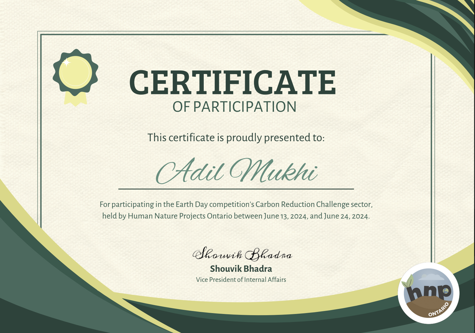 Certificate of Participation - Earth Day Carbon Reduction Challenge