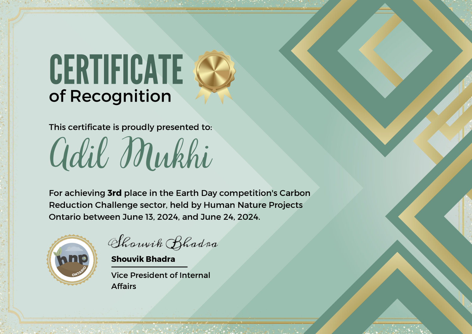 Certificate of Recognition - Earth Day Competition Third Place