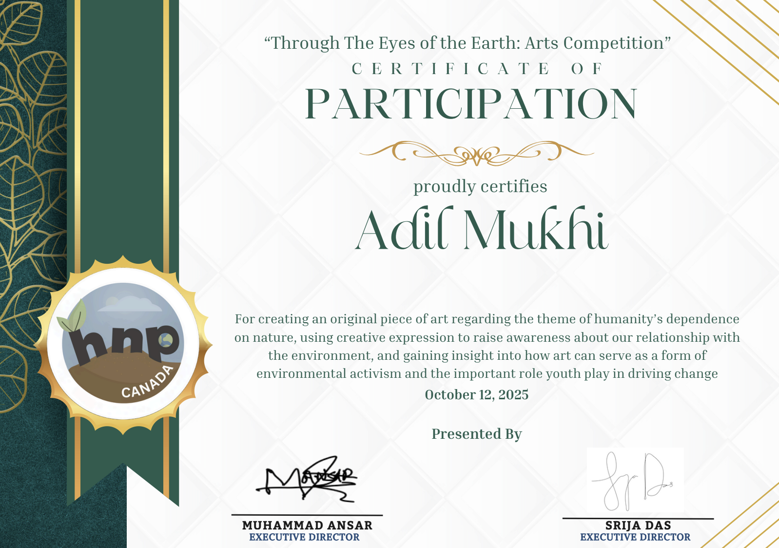 Certificate of Participation – Through the Eyes of the Earth: Arts Competition
