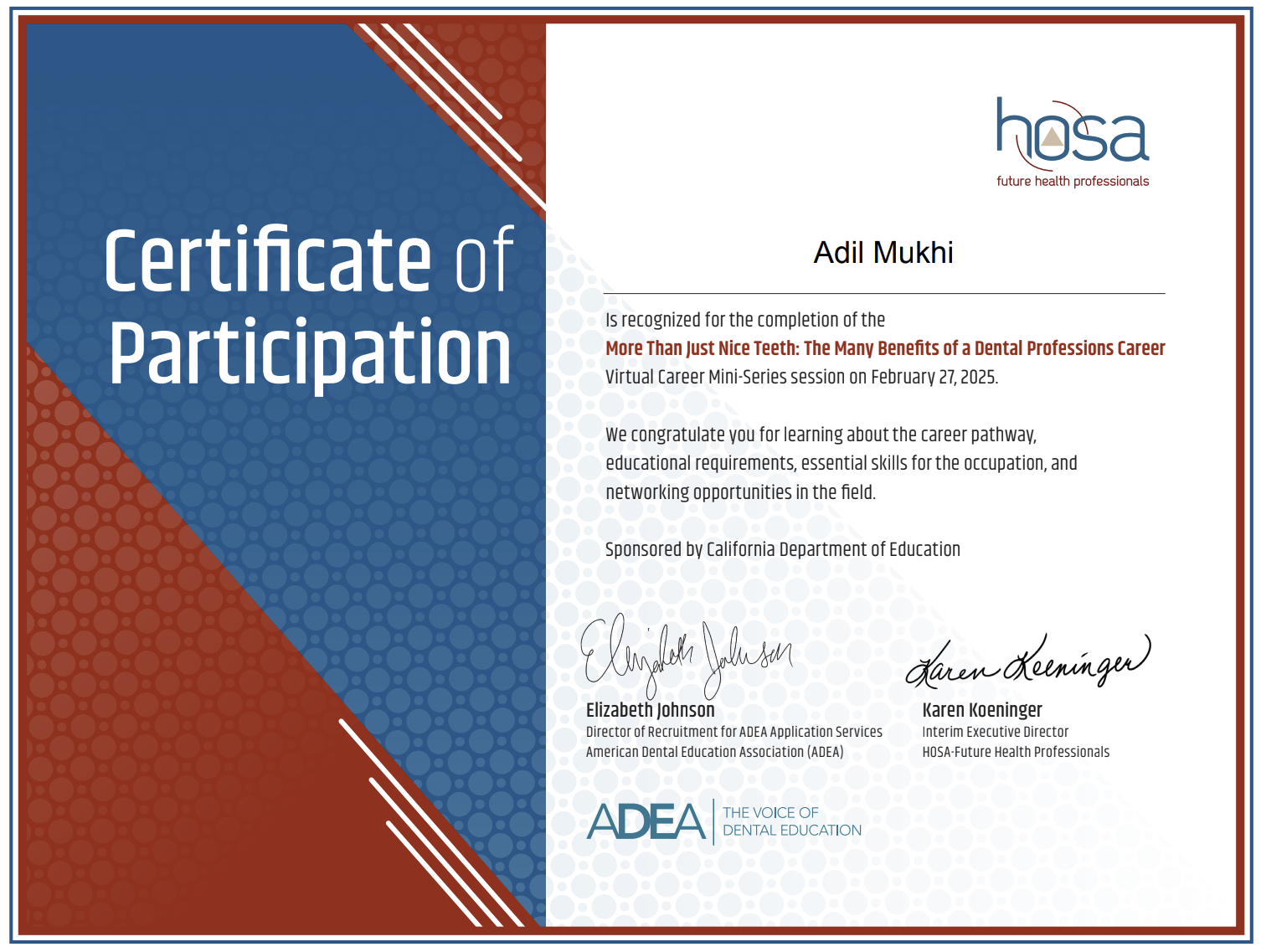 Certificate of Participation - Dental Professions Career Session