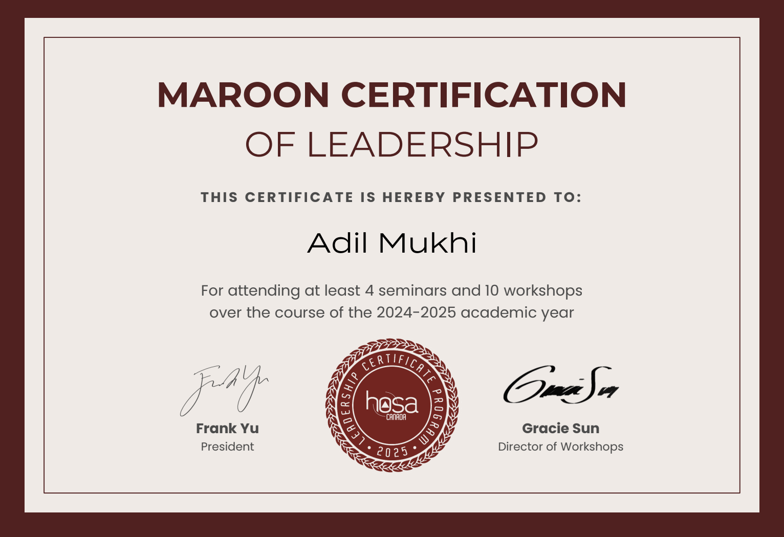 Maroon Certification of Leadership