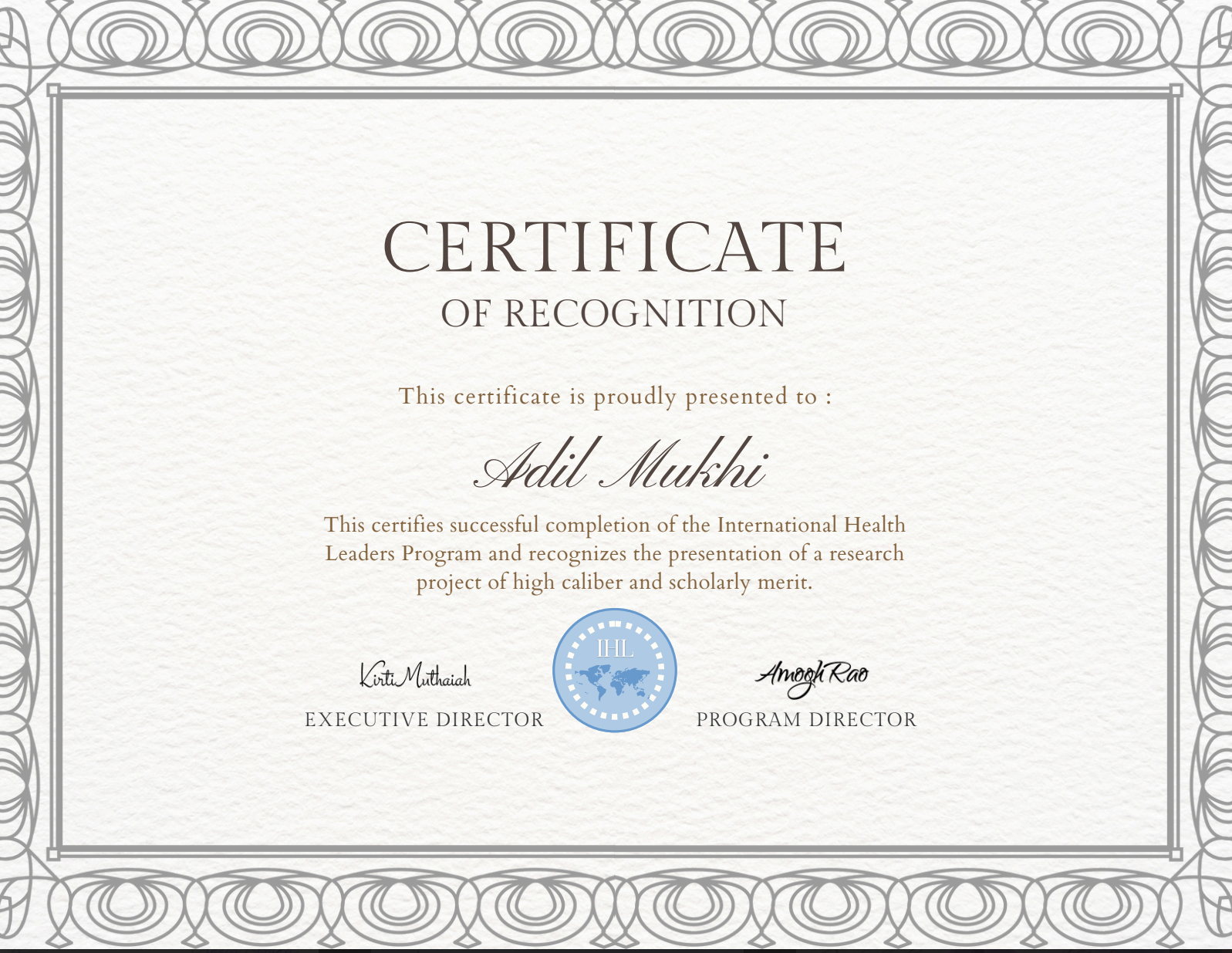 Certificate of Recognition - International Health Leaders Program