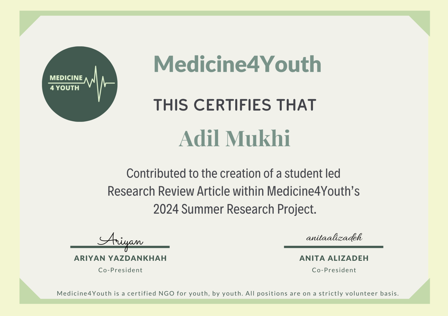 Medicine4Youth Research Contribution Certificate