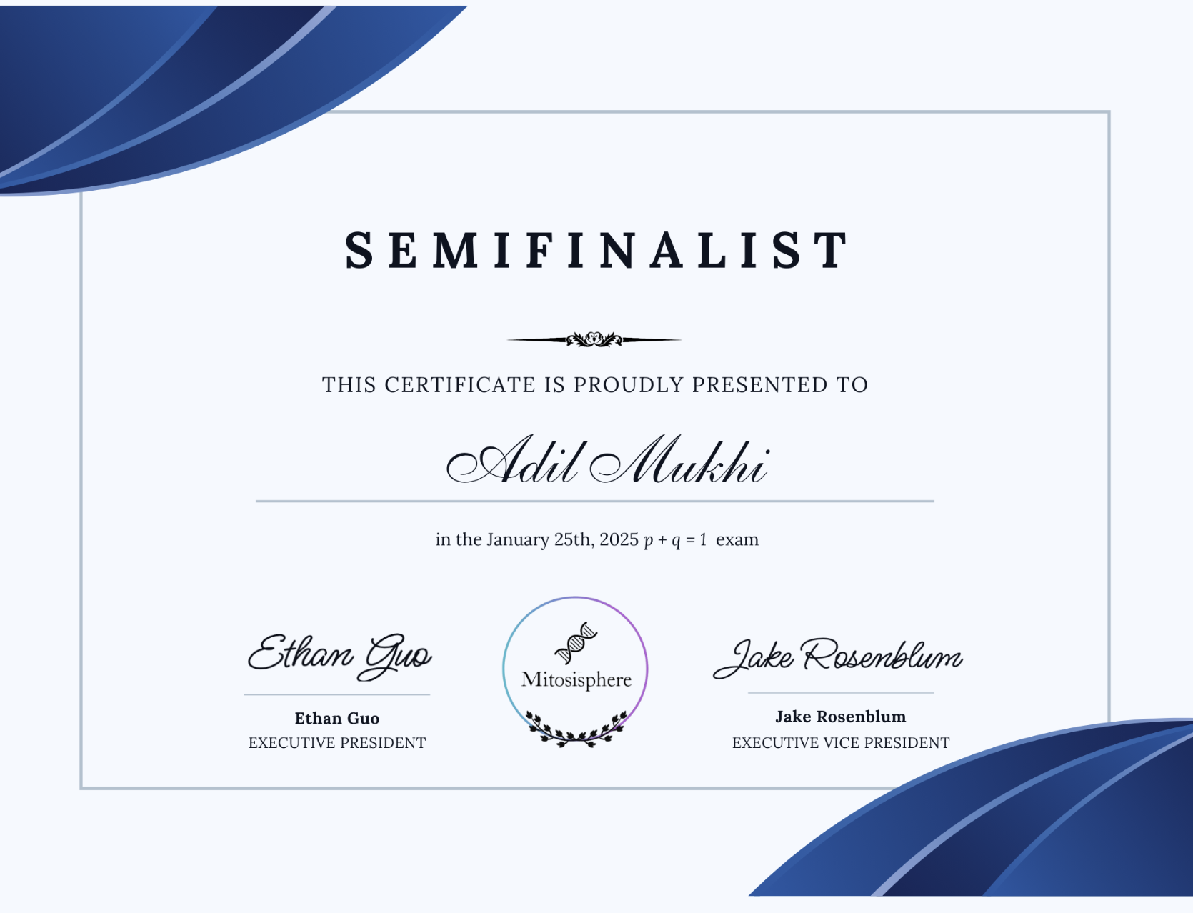 Semifinalist Certificate - Mitosisphere Exam