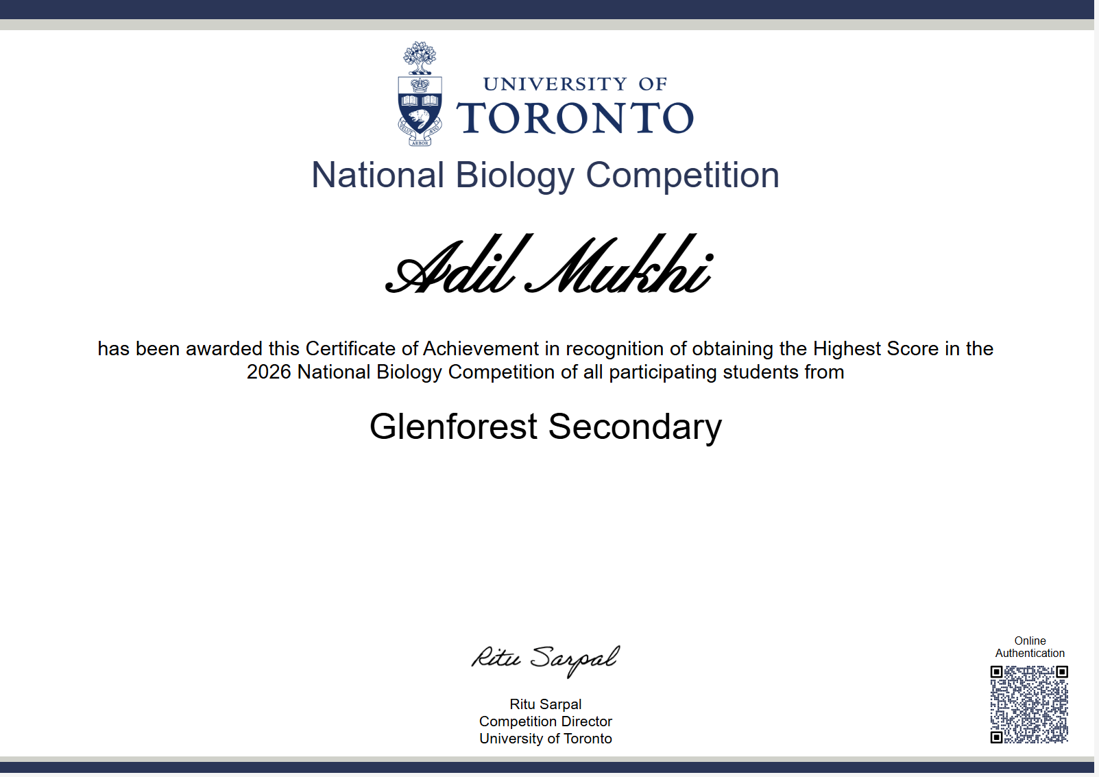 Certificate of Achievement — National Biology Competition (Glenforest Secondary)