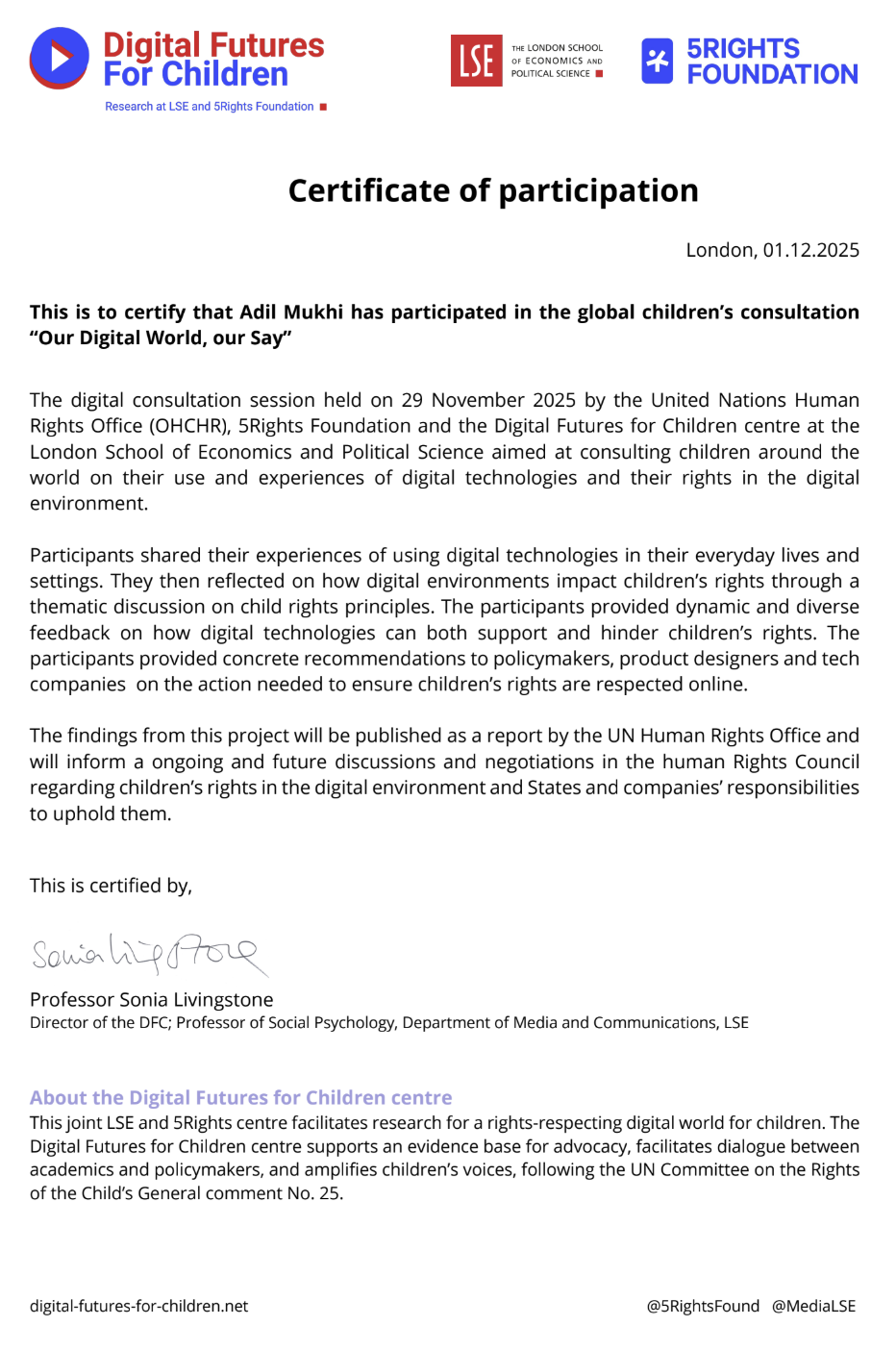 Certificate of Participation – Our Digital World, Our Say
