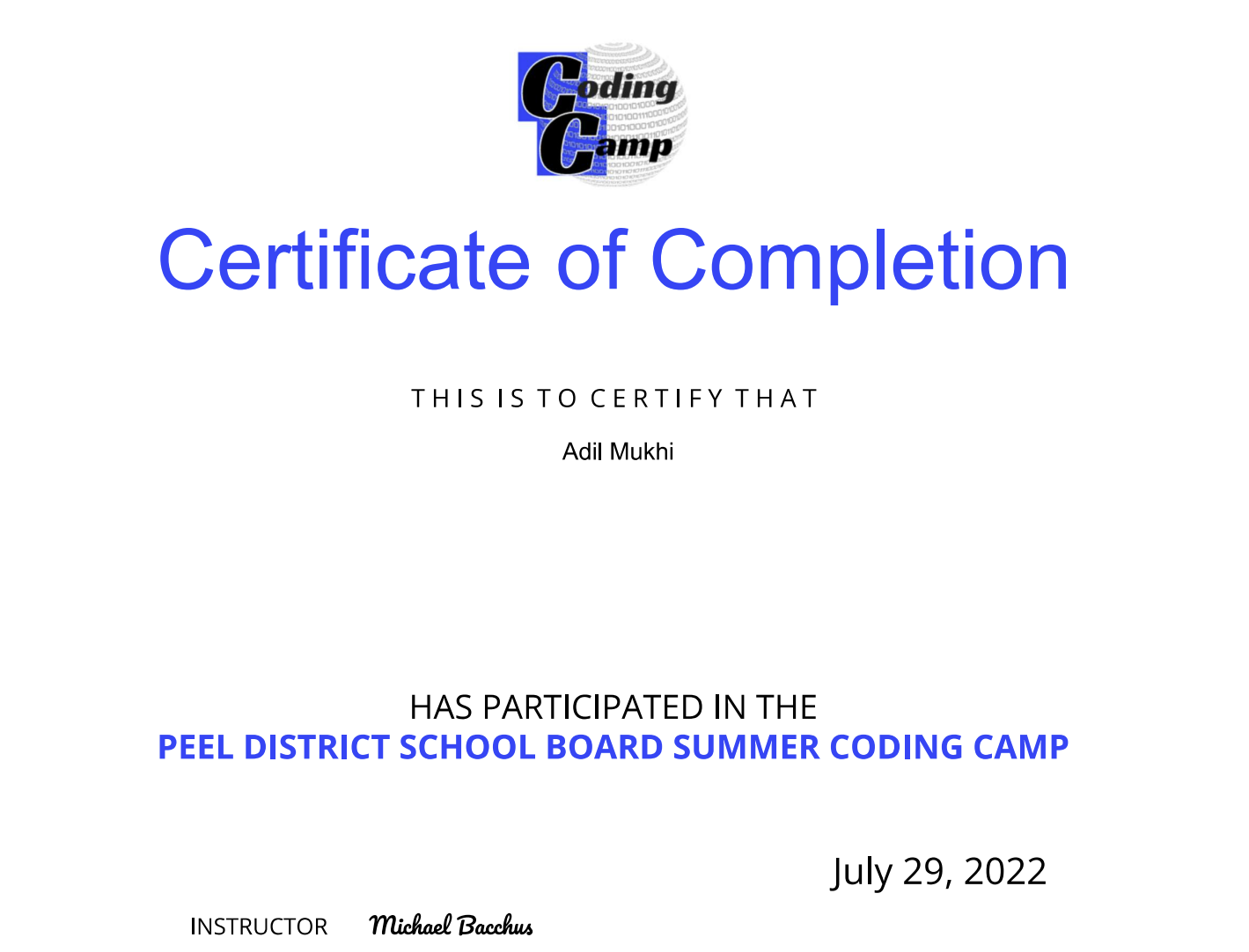 Certificate of Completion - Peel District Summer Coding Camp