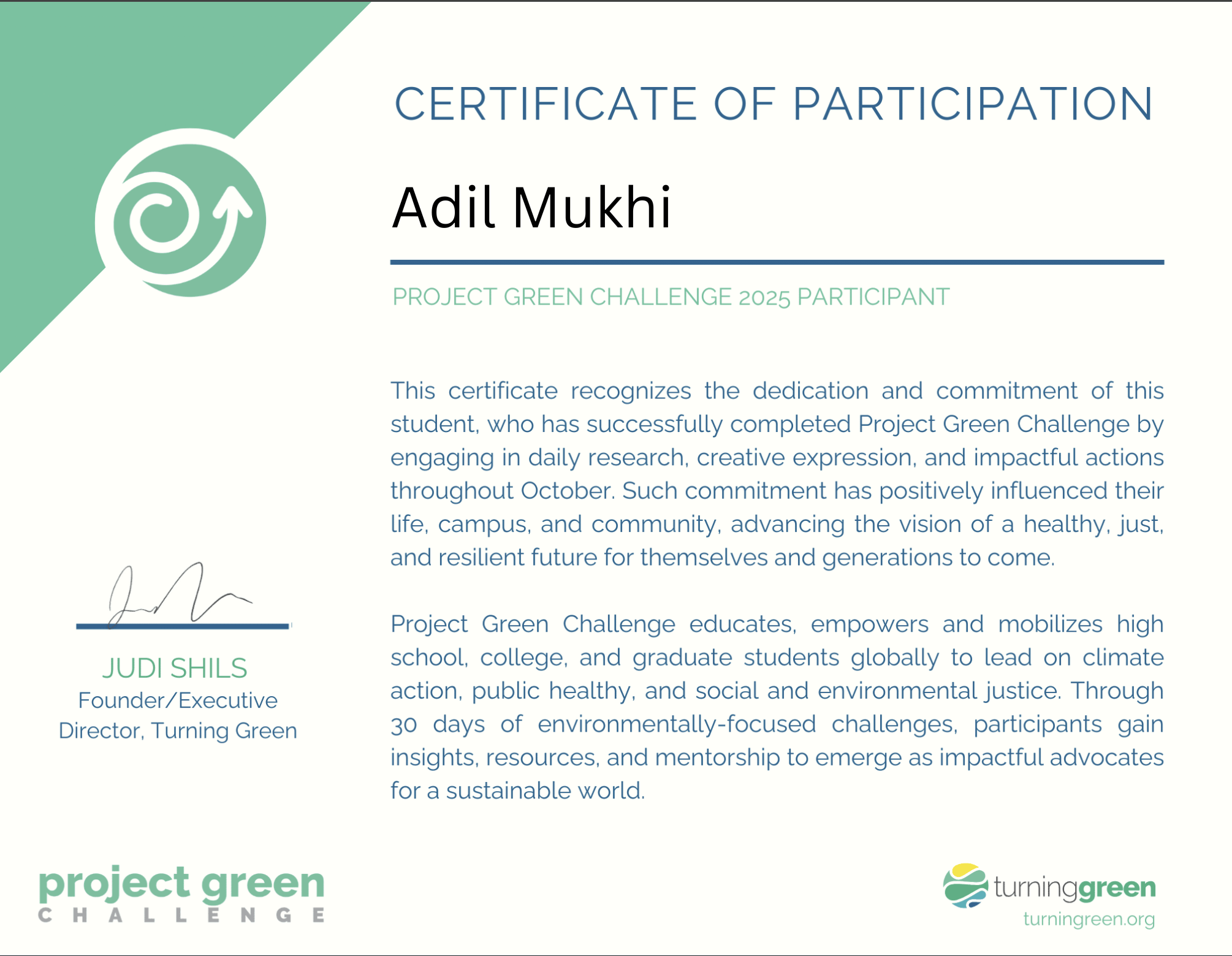 Certificate of Participation – Project Green Challenge 2025