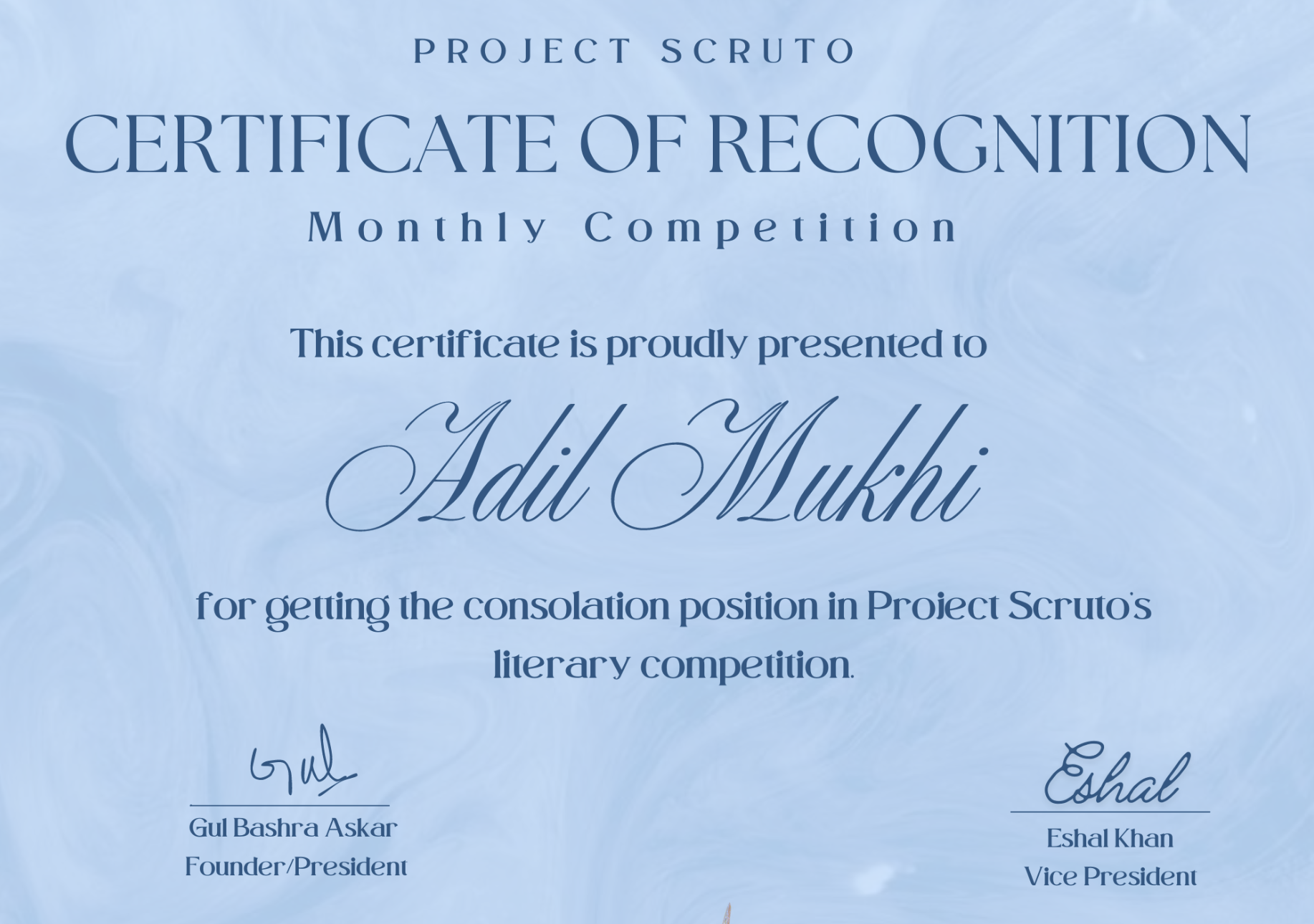 Certificate of Recognition - Literary Competition Consolation