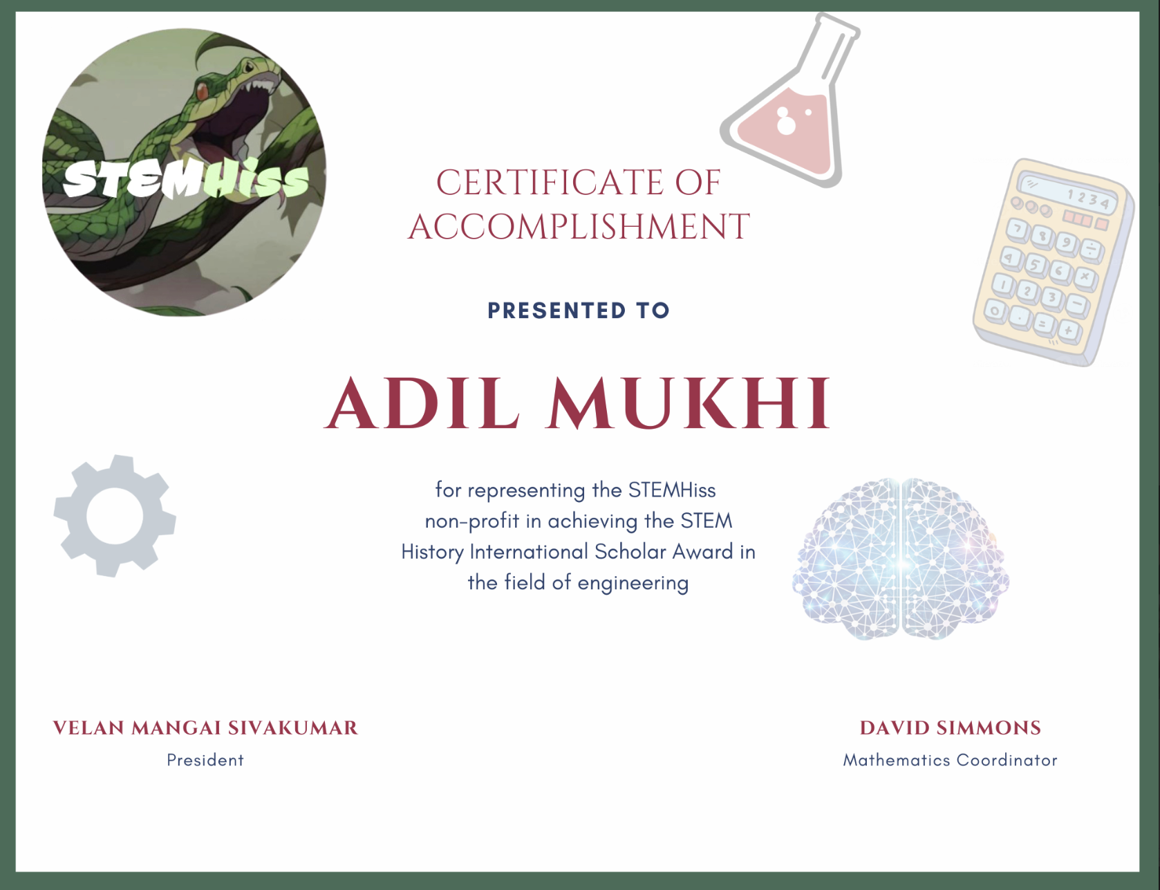 Certificate of Accomplishment - STEM History International Scholar Award