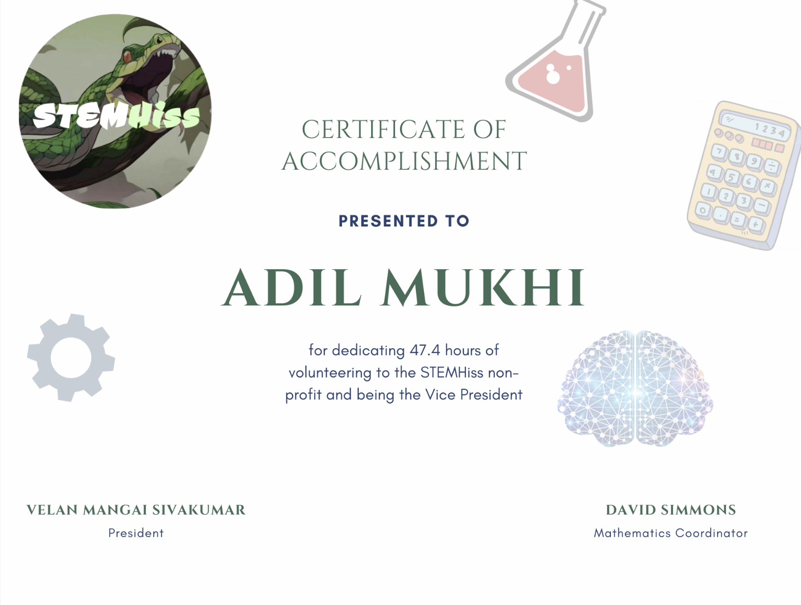 Certificate of Accomplishment - STEMHiss Vice President