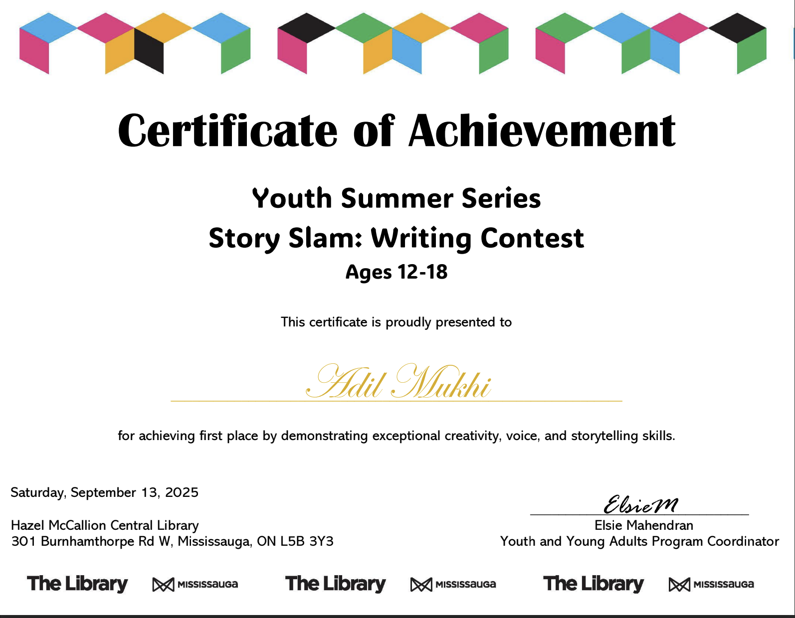 First Place - Mississauga Story Slam: Writing Contest