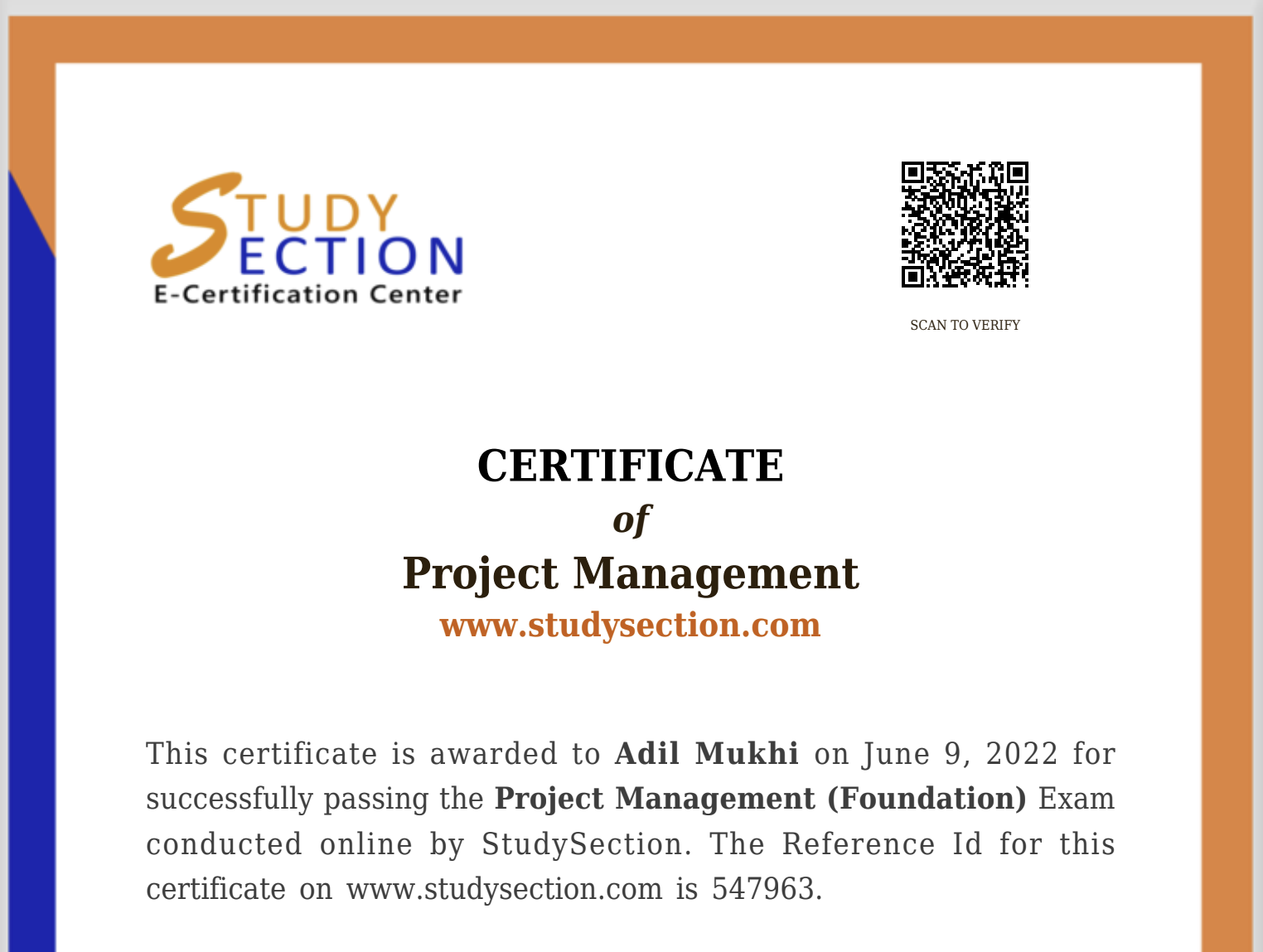 Certificate of Project Management