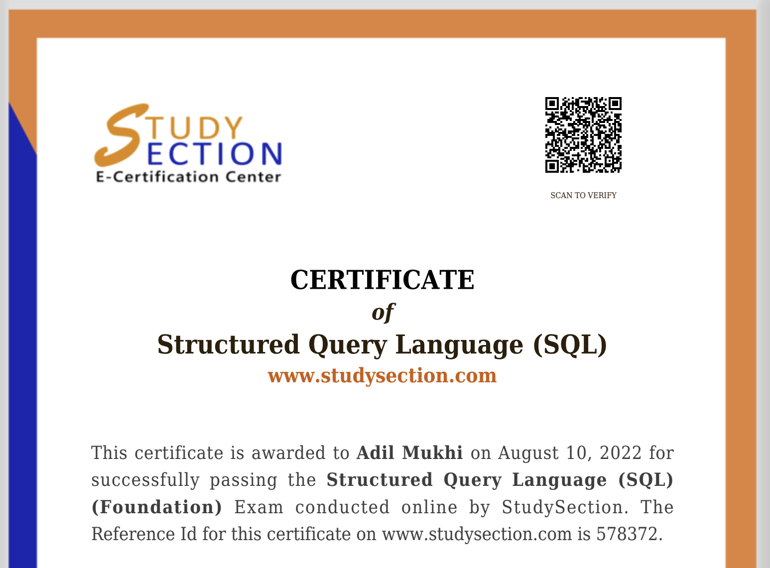 Certificate of Structured Query Language (SQL)