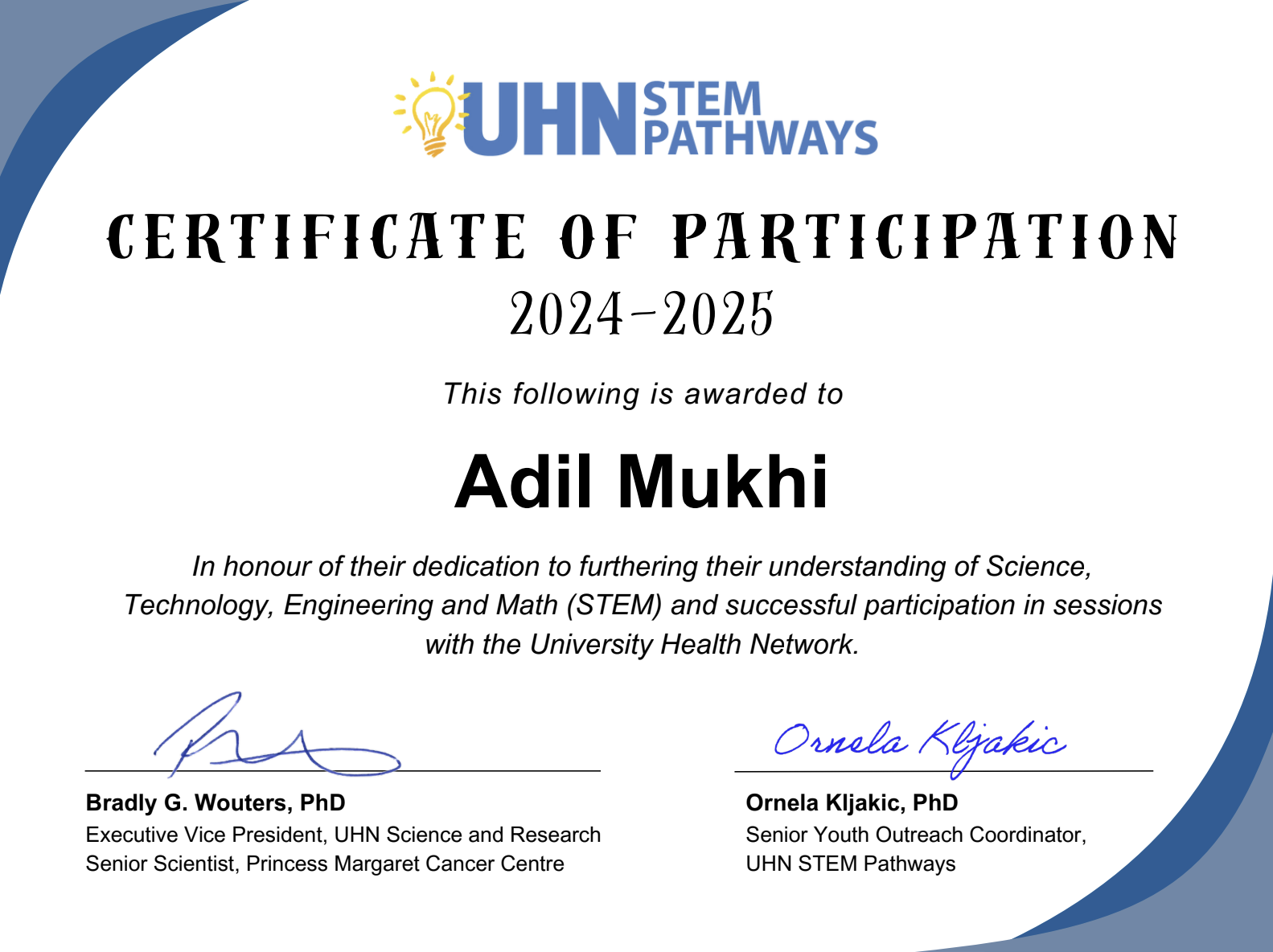 Certificate of Participation - UHN STEM Pathways