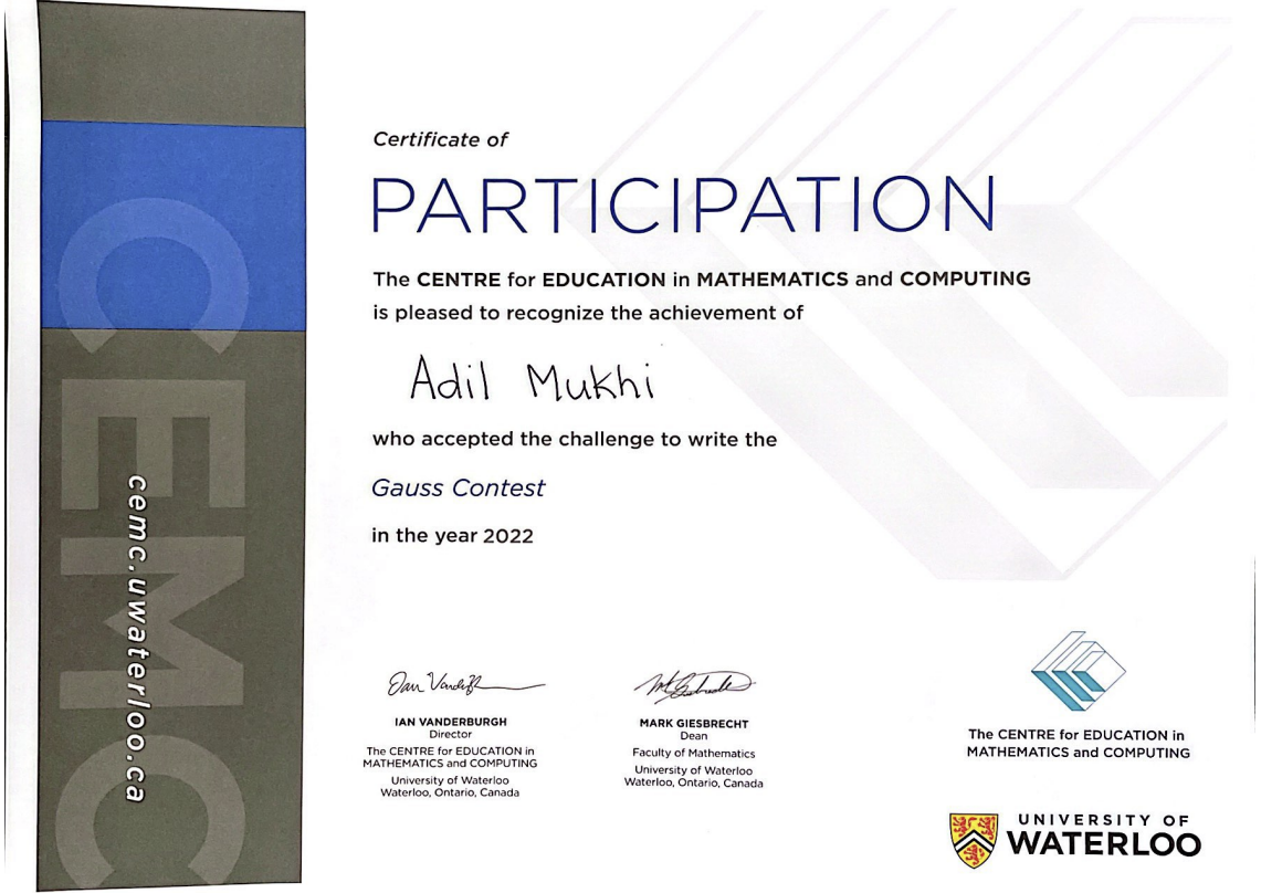 Certificate of Participation - Gauss Contest 2022
