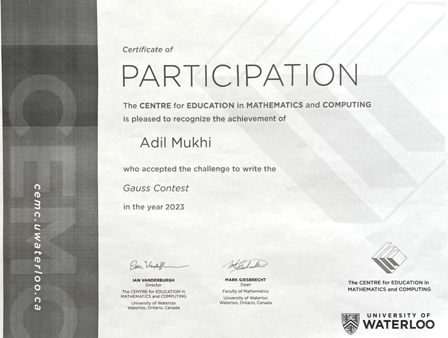 Certificate of Participation - Gauss Contest 2023
