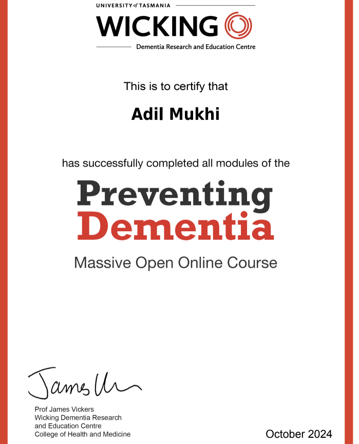 Certificate of Completion - Preventing Dementia Course