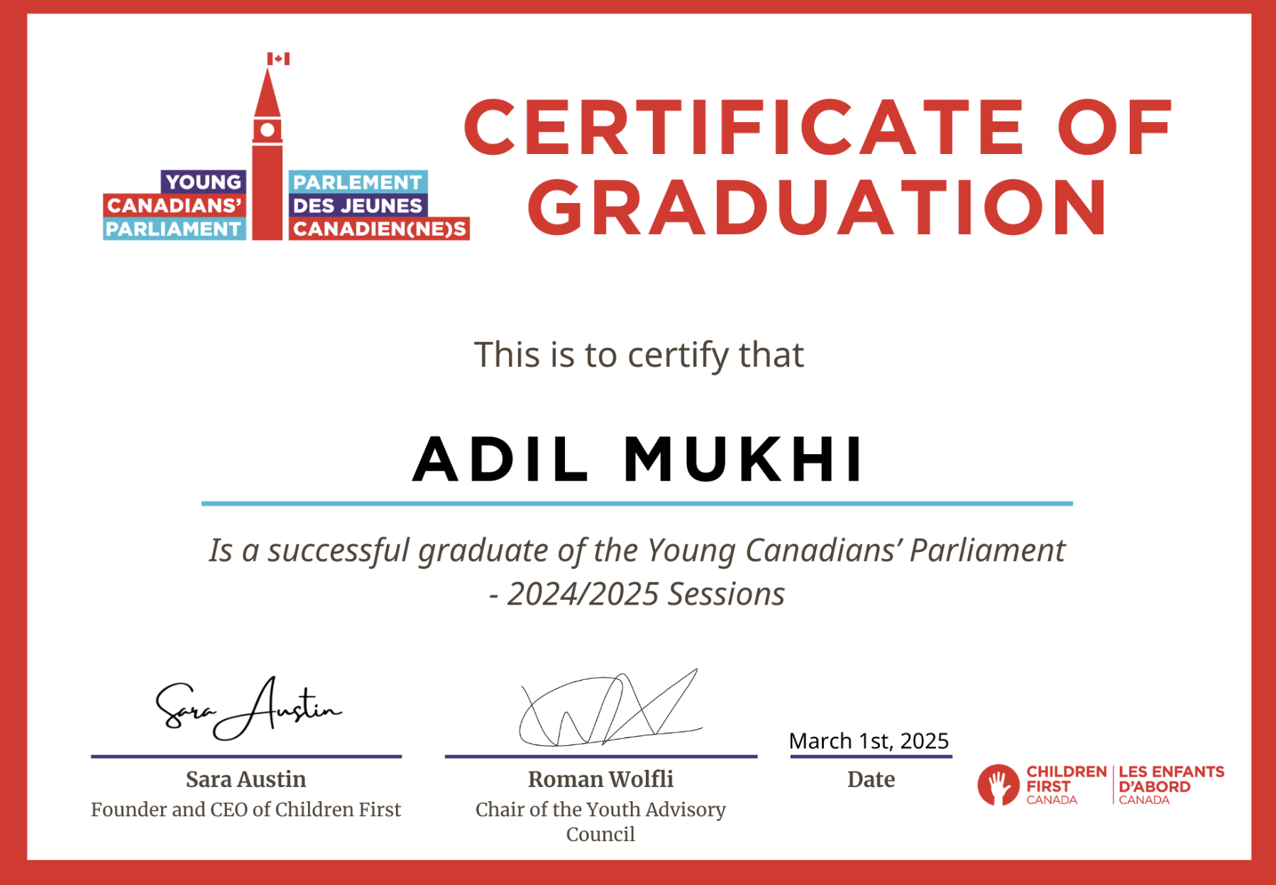 Certificate of Graduation - Young Canadians' Parliament